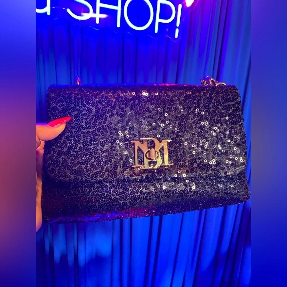 BADGLEY MISCHKA Black Sequence and Partial Beaded Crossbody/Shoulder Strap Bag